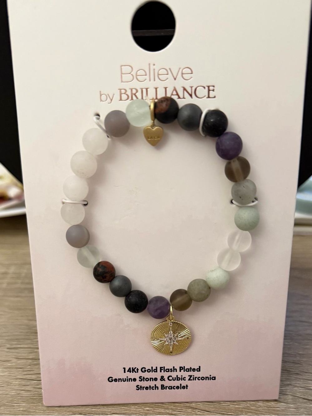 Believe by Brilliance Genuine Stone Stretch Bracelet CZ Charm NWT - Picture 2 of 2